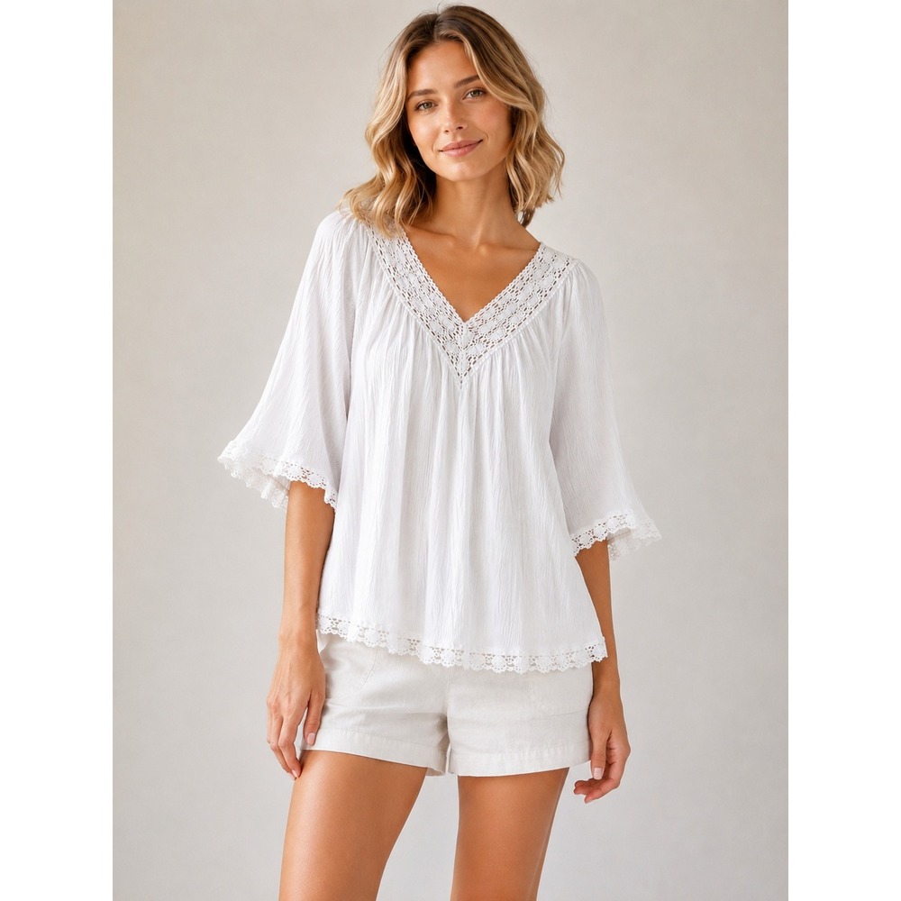 Krazy Kat Blouse Women XL White Rayon Crochet Lace Trim Boho Bell Sleeve Top
